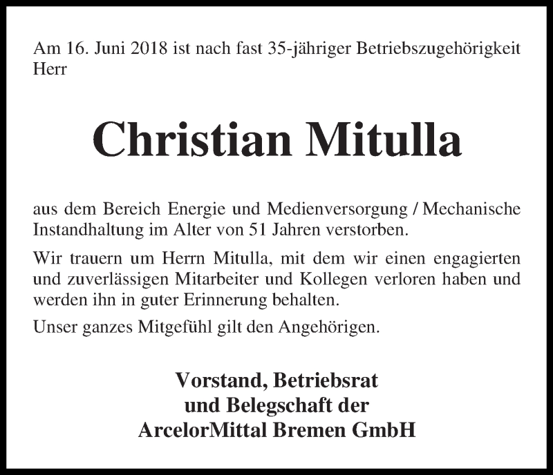 Traueranzeige von Christian Mitulla von WESER-KURIER