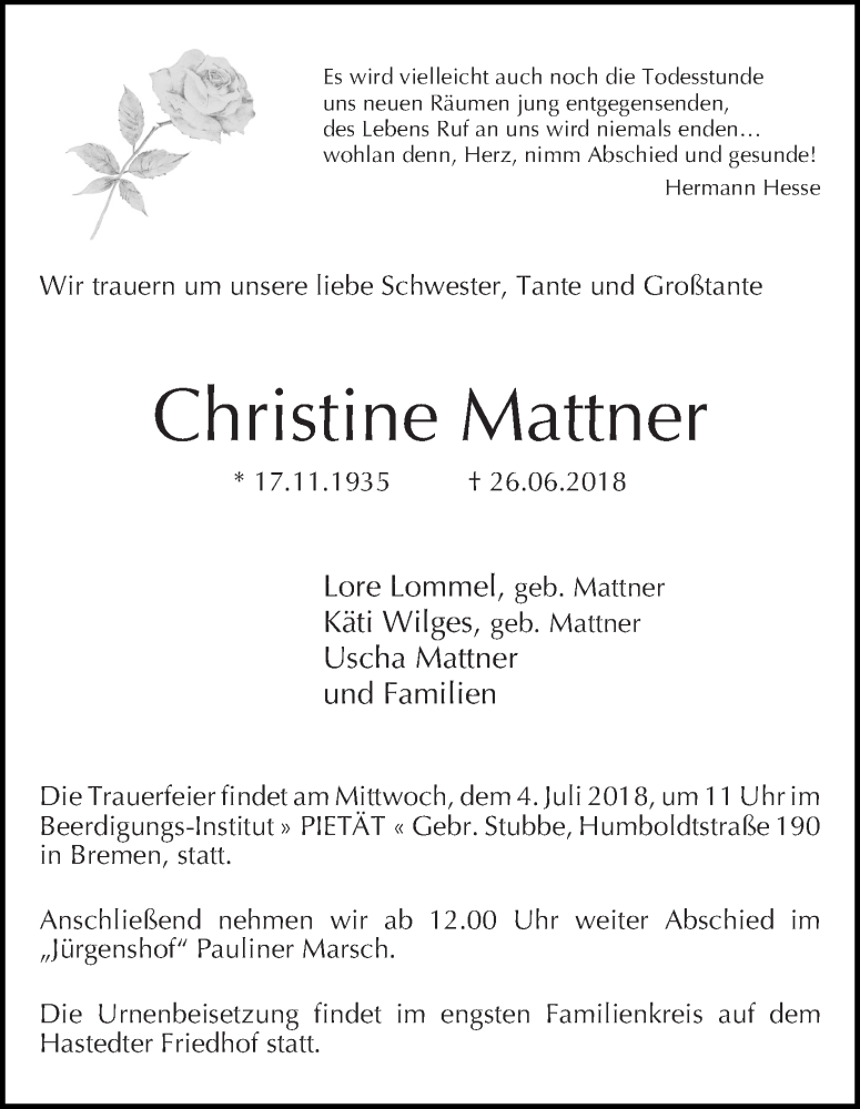 Traueranzeige von Christine Mattner von WESER-KURIER