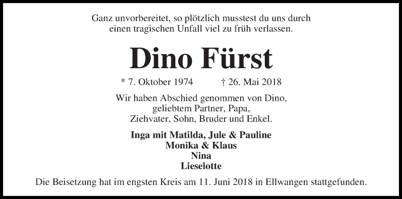 Traueranzeige von Dino Fürst von Wuemme Zeitung