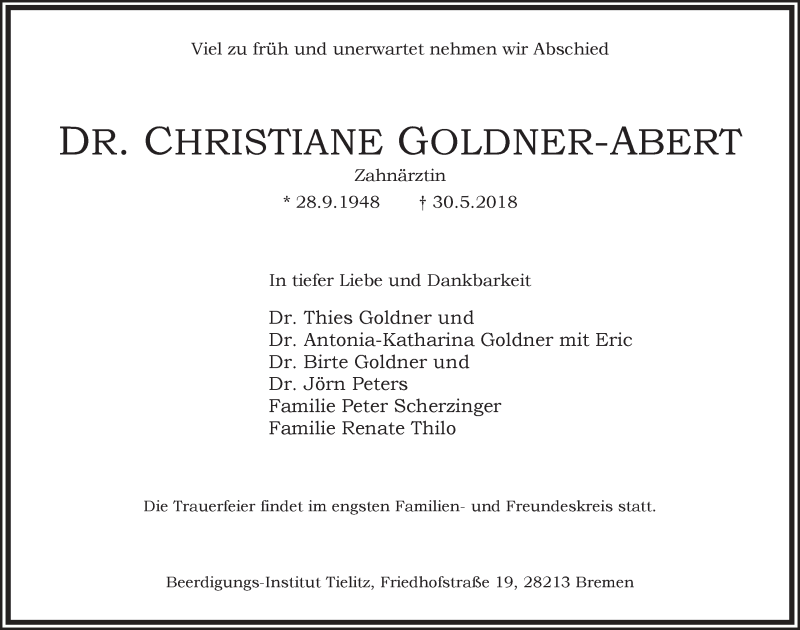 Traueranzeige von Dr. Christiane Goldner-Abert von WESER-KURIER