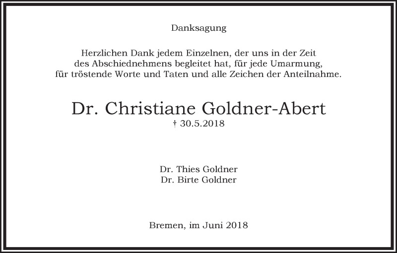 Traueranzeige von Dr. Christiane Goldner-Abert von WESER-KURIER