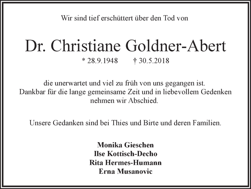 Traueranzeige von Dr. Christiane Goldner-Abert von WESER-KURIER