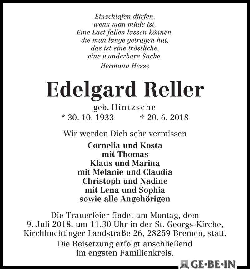 Traueranzeige von Edelgard Reller von WESER-KURIER