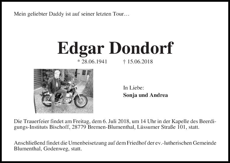 Traueranzeige von Edgar Dondorf von Die Norddeutsche