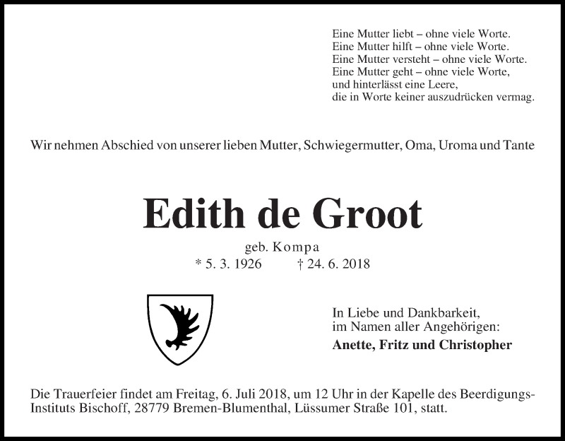 Traueranzeige von Edith de Groot von Die Norddeutsche