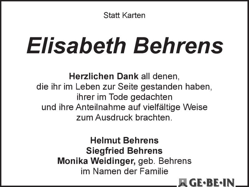 Traueranzeige von Elisabeth Behrens von WESER-KURIER