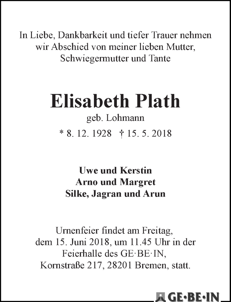 Traueranzeige von Elisabeth Plath von WESER-KURIER