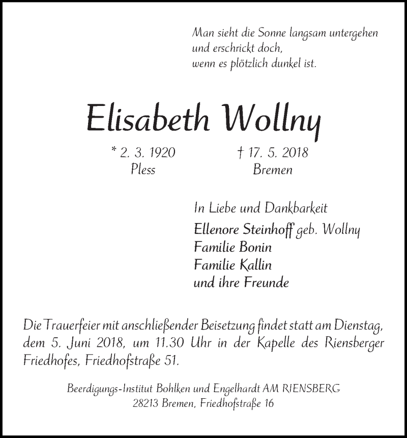 Traueranzeige von Elisabeth Wollny von WESER-KURIER