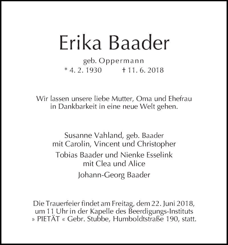 Traueranzeige von Erika Baader von WESER-KURIER