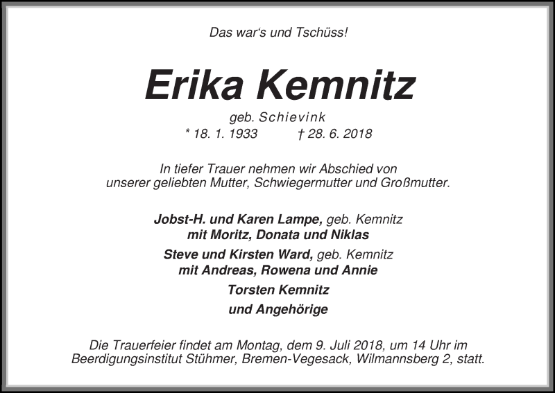 Traueranzeige von Erika Kemnitz von Die Norddeutsche