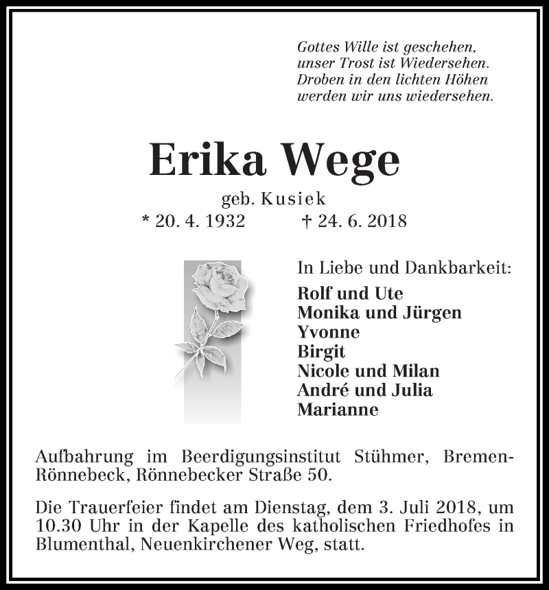 Traueranzeige von Erika Wege von Die Norddeutsche
