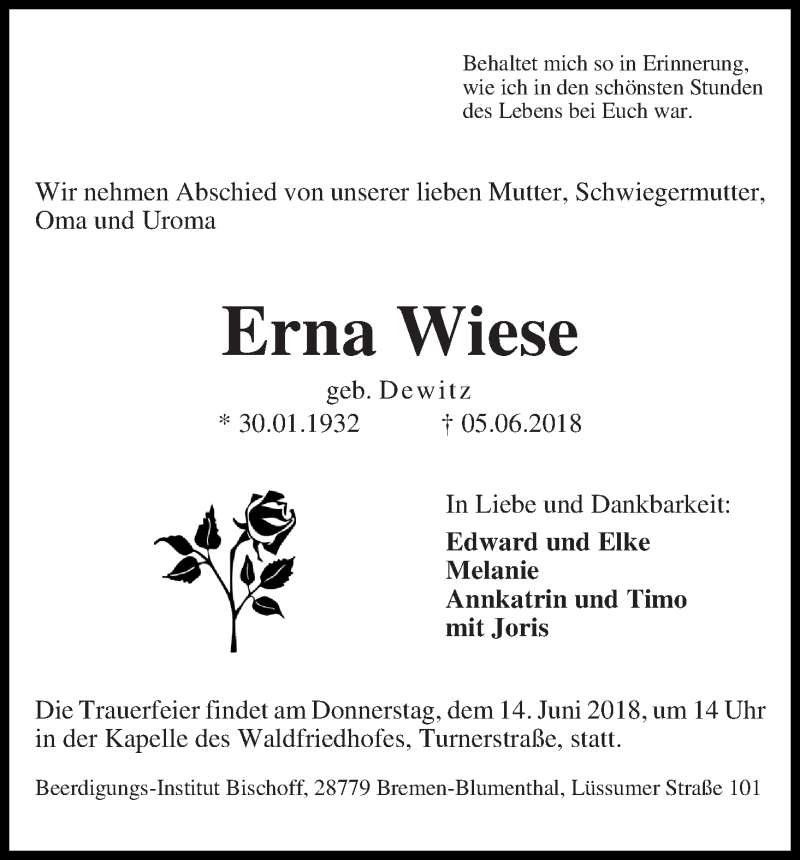 Traueranzeige von Erna Wiese von Die Norddeutsche
