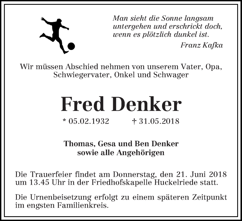 Traueranzeige von Fred Denker von WESER-KURIER