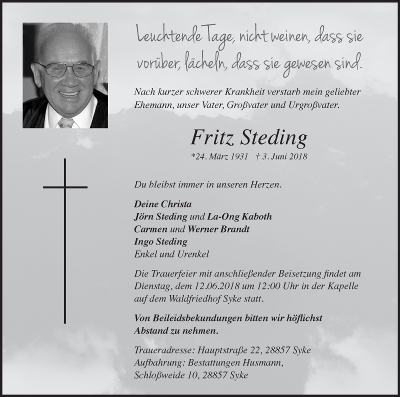 Traueranzeige von Fritz Steding von WESER-KURIER