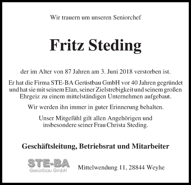 Traueranzeige von Fritz Steding von WESER-KURIER