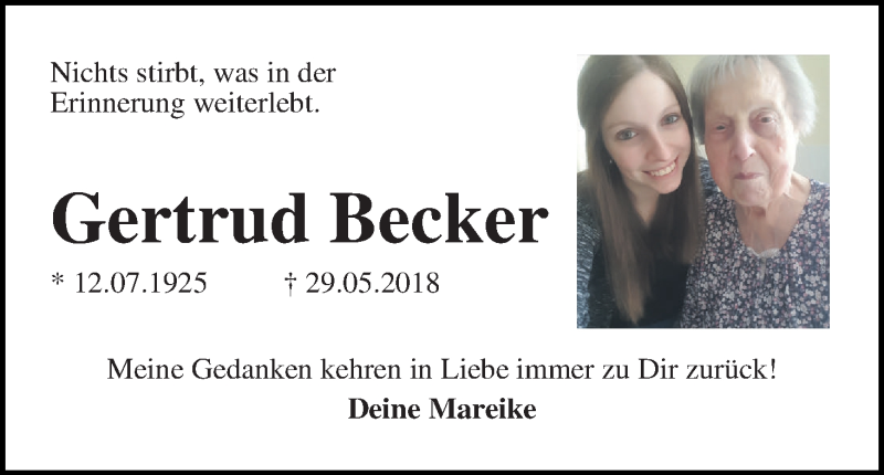 Traueranzeige von Gertrud Becker von WESER-KURIER