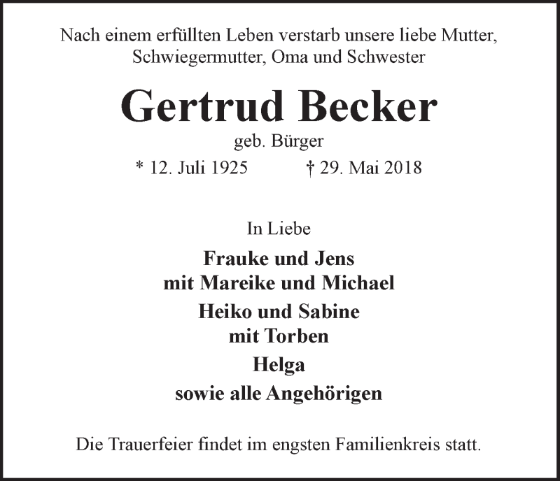 Traueranzeige von Gertrud Becker von WESER-KURIER
