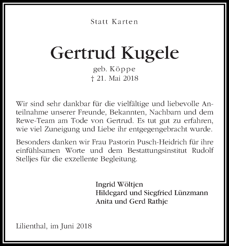 Traueranzeige von Gertrud Kugele von Wuemme Zeitung