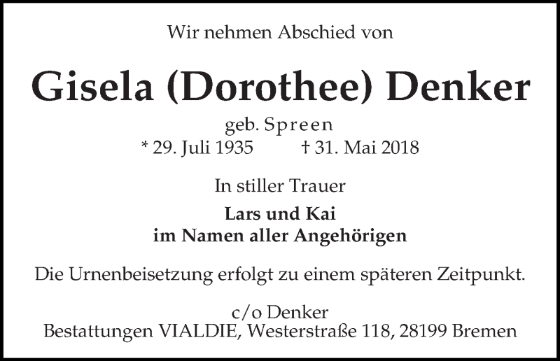 Traueranzeige von Gisela (Dorothee) Denker von WESER-KURIER