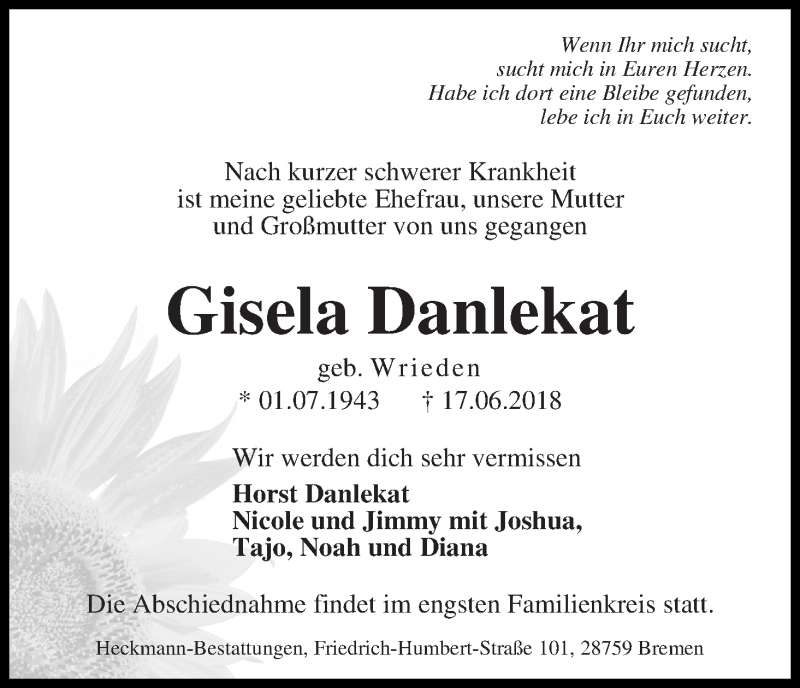 Traueranzeige von Gisela Danlekat von Die Norddeutsche