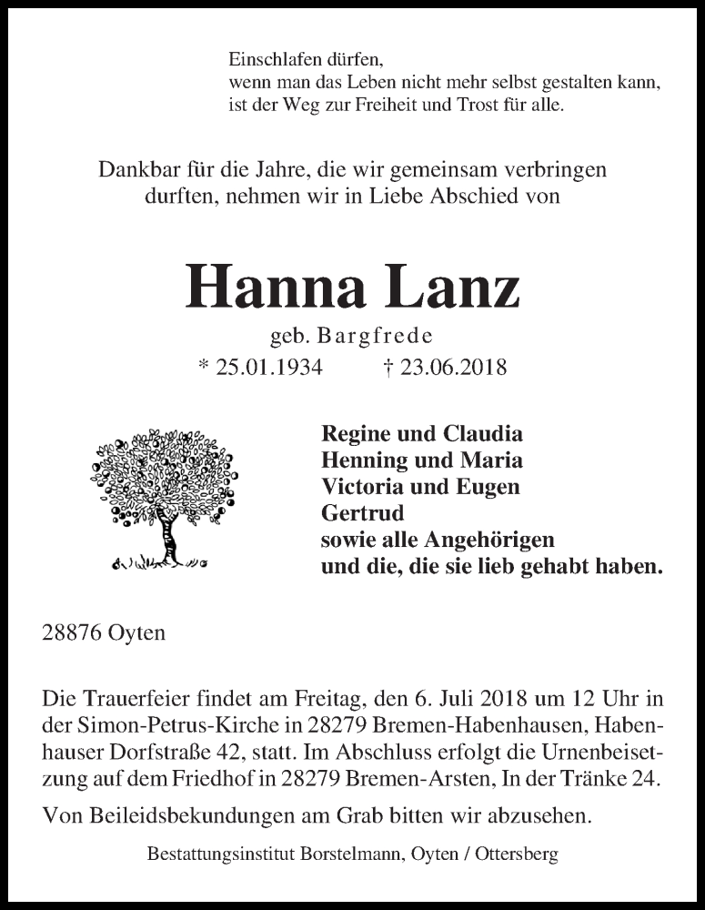 Traueranzeige von Hanna Lanz von WESER-KURIER