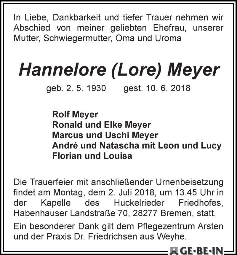 Traueranzeige von Hannelore Meyer von WESER-KURIER