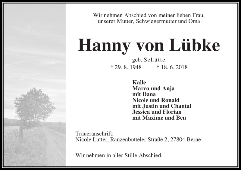 Traueranzeige von Hanny von Lübke von Die Norddeutsche
