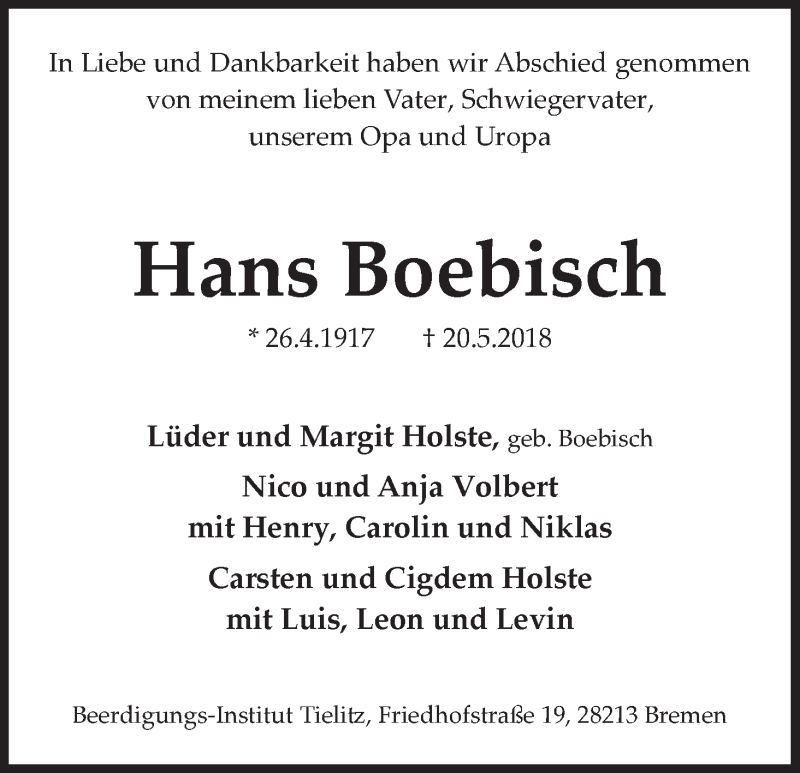 Traueranzeige von Hans Boebisch von WESER-KURIER