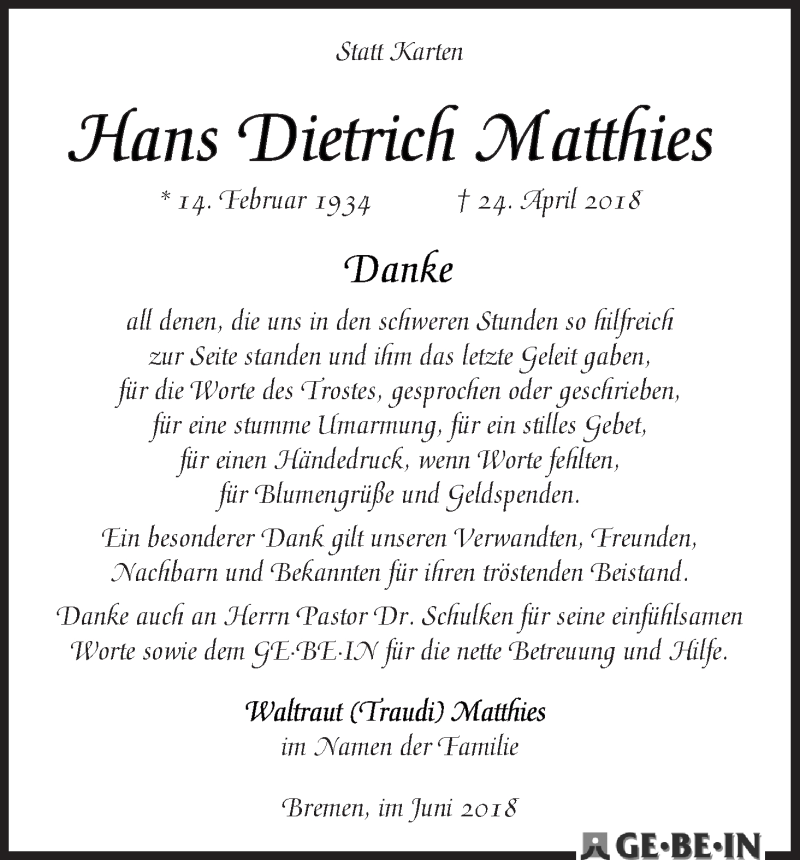 Traueranzeige von Hans Dietrich Matthies von WESER-KURIER