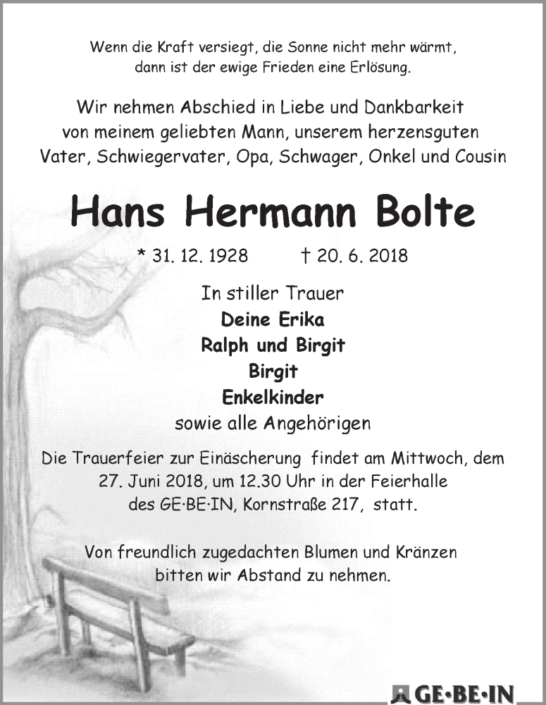 Traueranzeige von Hans Hermann Bolte von WESER-KURIER