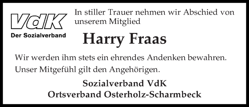Traueranzeige von Harry Fraas von Osterholzer Kreisblatt