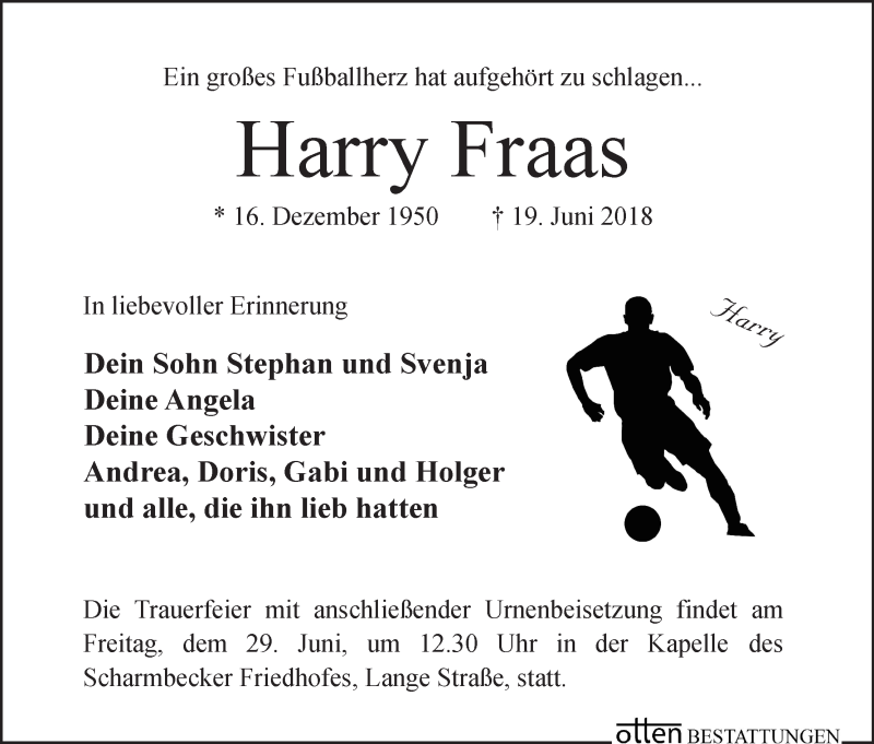 Traueranzeige von Harry Fraas von Osterholzer Kreisblatt