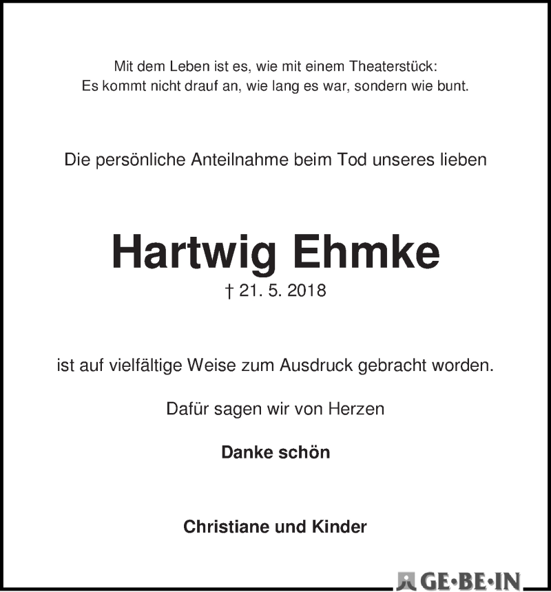 Traueranzeige von Hartwig Ehmke von WESER-KURIER