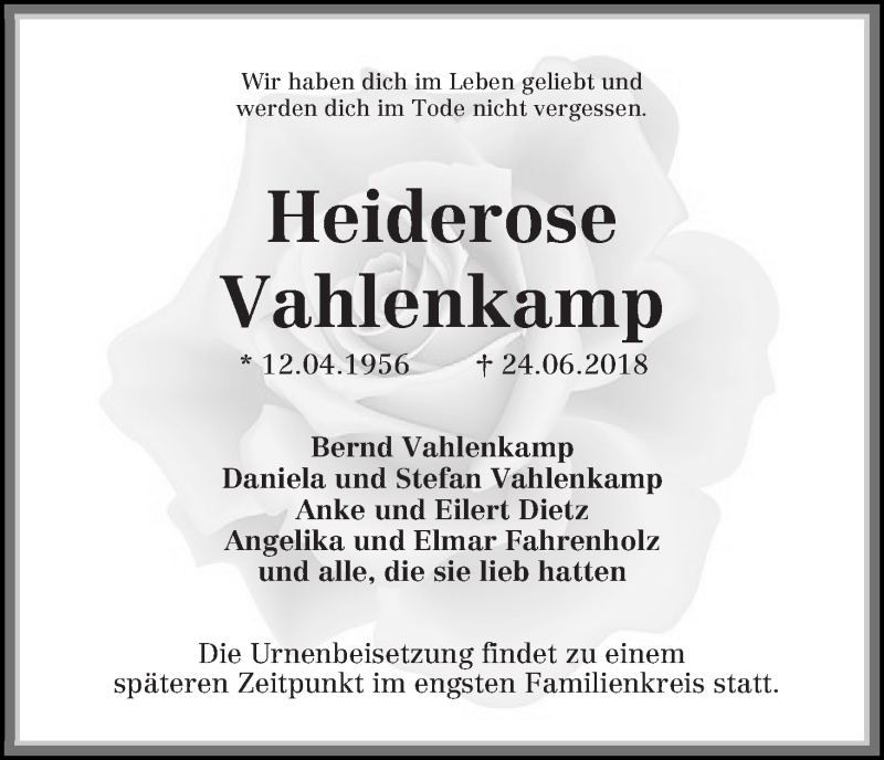 Traueranzeige von Heiderose Vahlenkamp von WESER-KURIER