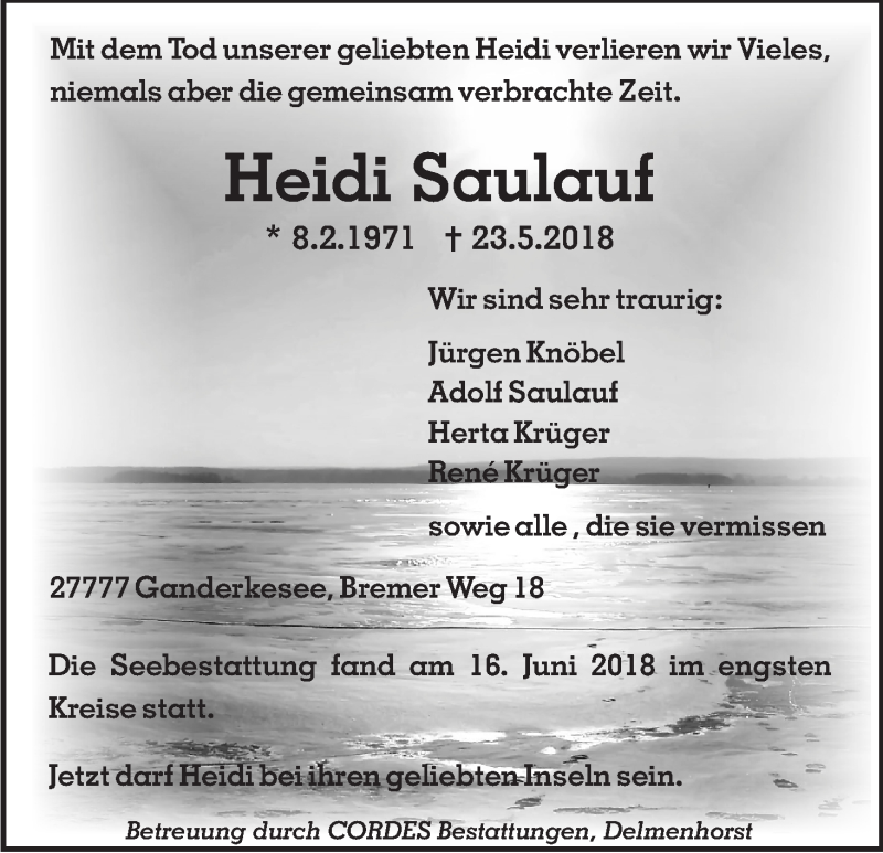 Traueranzeige von Heidi Saulauf von WESER-KURIER