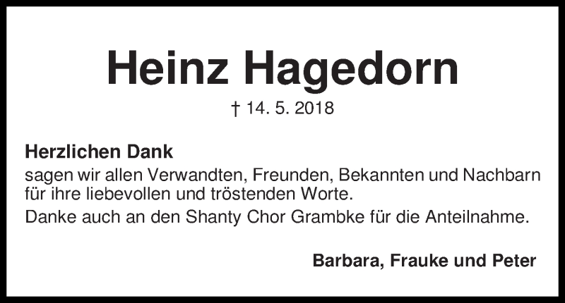Traueranzeige von Heinz Hagedorn von WESER-KURIER