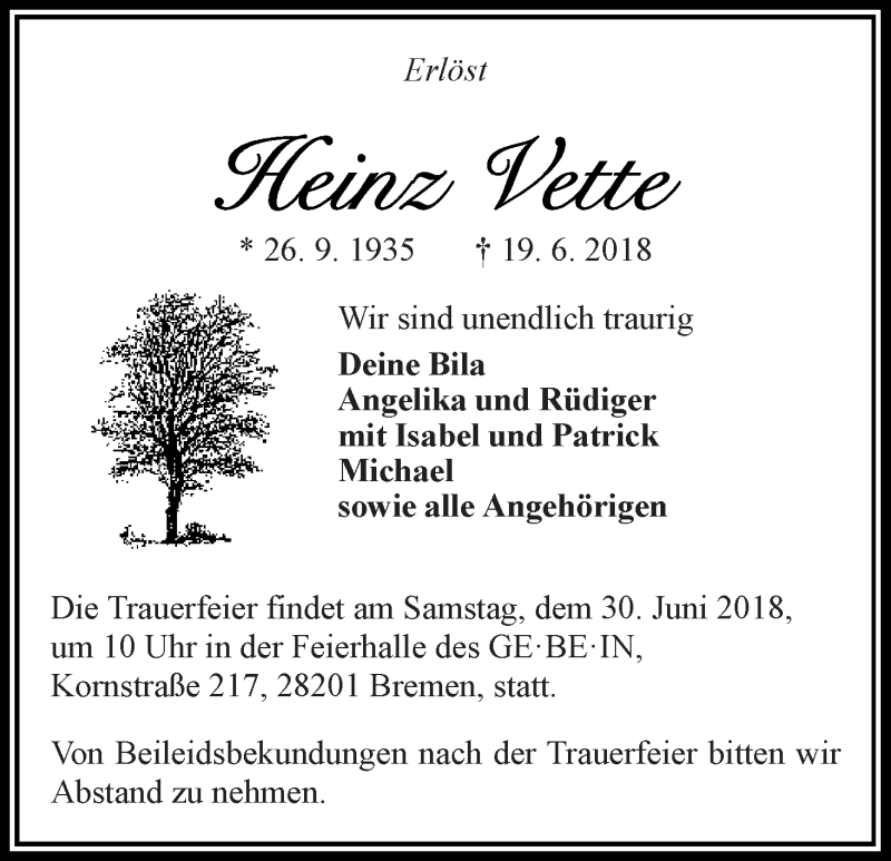 Traueranzeige von Heinz Vette von WESER-KURIER
