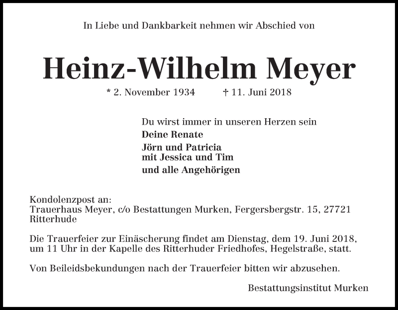 Traueranzeige von Heinz-Wilhelm Meyer von Osterholzer Kreisblatt