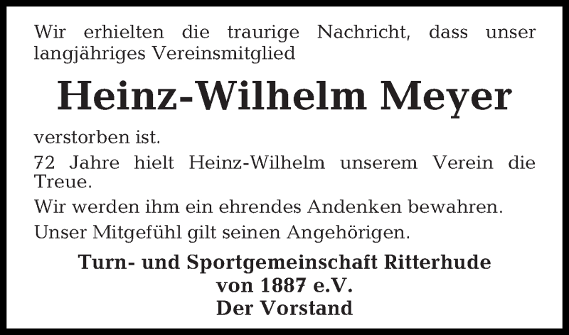 Traueranzeige von Heinz-Wilhelm Meyer von Osterholzer Kreisblatt