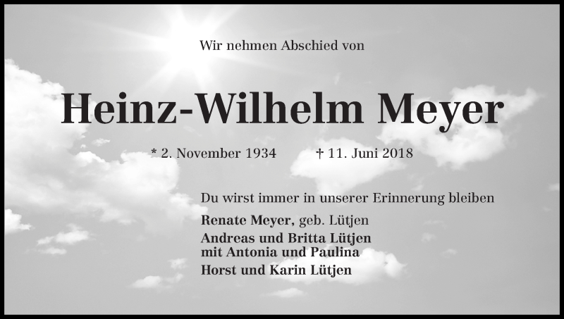 Traueranzeige von Heinz-Wilhelm Meyer von Osterholzer Kreisblatt
