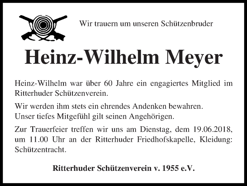 Traueranzeige von Heinz-Wilhelm Meyer von Osterholzer Kreisblatt