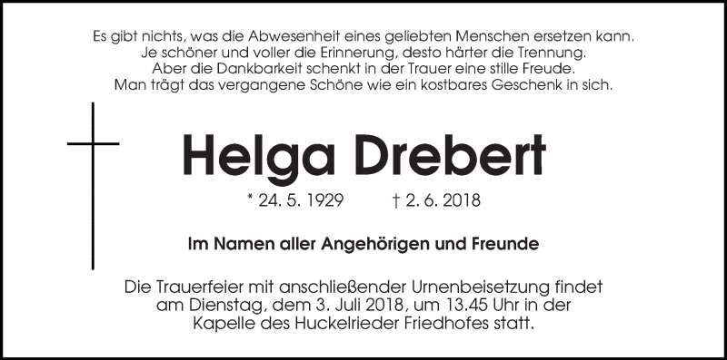 Traueranzeige von Helga Drebert von WESER-KURIER