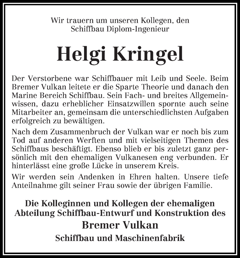 Traueranzeige von Helgi Kringel von Die Norddeutsche