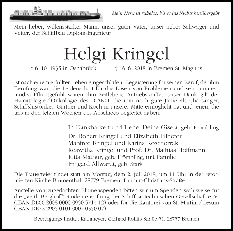 Traueranzeige von Helgi Kringel von Die Norddeutsche