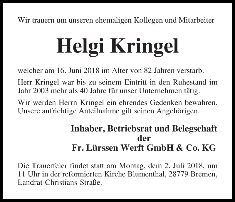 Traueranzeige von Helgi Kringel von Die Norddeutsche