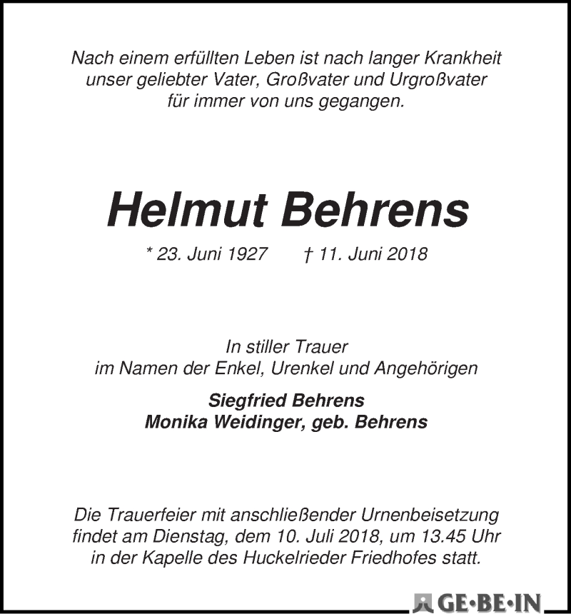 Traueranzeige von Helmut Behrens von WESER-KURIER