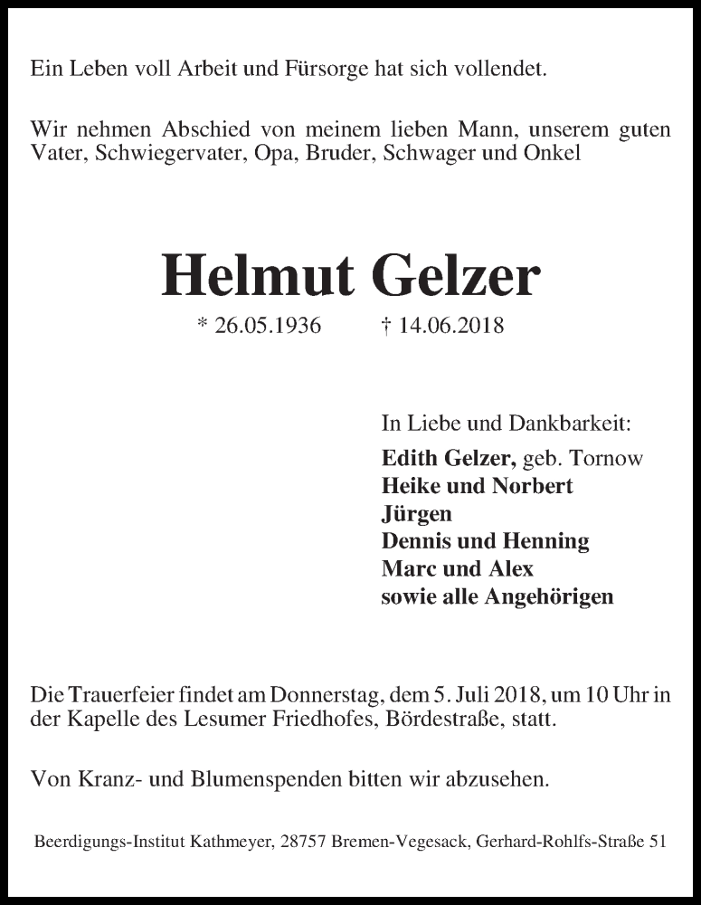 Traueranzeige von Helmut Gelzer von Die Norddeutsche