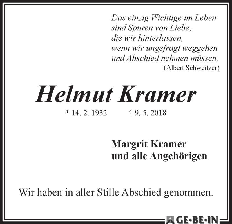 Traueranzeige von Helmut Kramer von WESER-KURIER