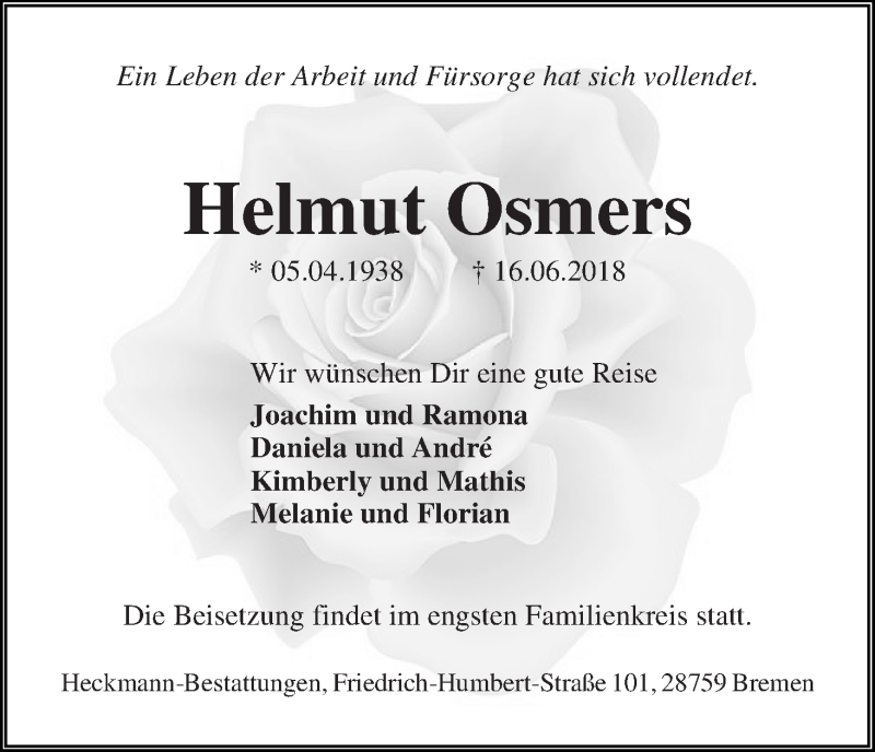 Traueranzeige von Helmut Osmers von Die Norddeutsche