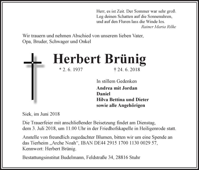 Traueranzeige von Herbert Brünig von Regionale Rundschau/Syker Kurier